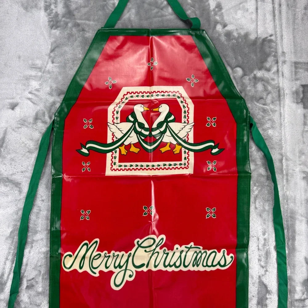 Vintage Merry Christmas Waterproof Vinyl Apron Geese Holiday Red Green Retro